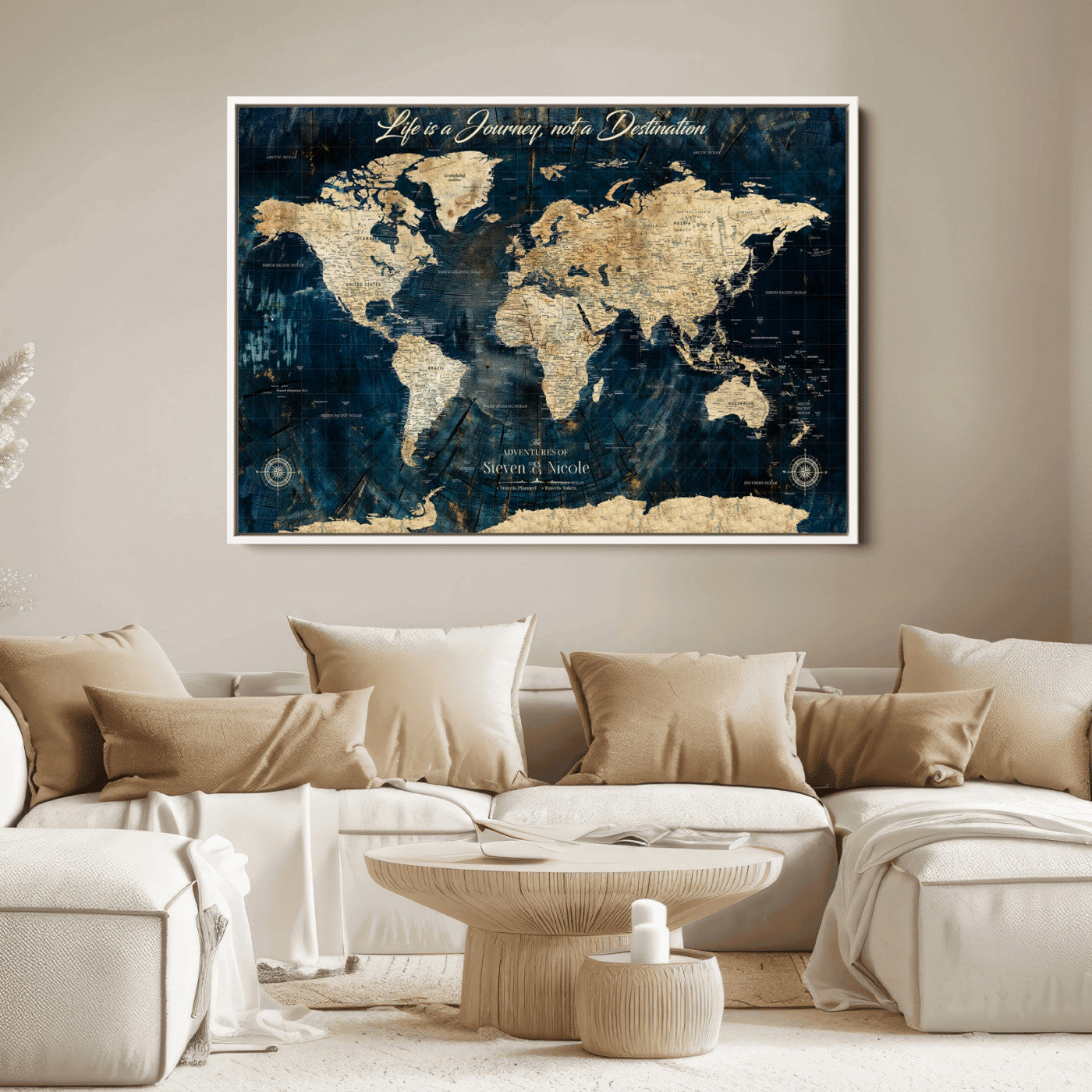 23551206-MGV-CV-36X24-Custom Push Pin World Map Wall Canvas Print – Personalized Travel Tracker with Pins – Framed Large Multi-Size Canvas for Home Office Decor