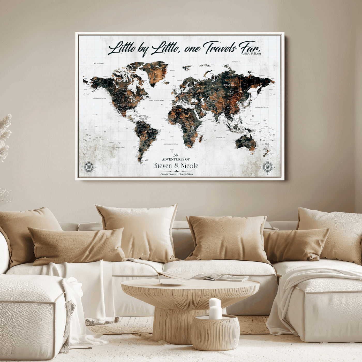 89231588-MGV-CV-36X24-Custom Push Pin World Map Wall Canvas Print – Personalized Travel Tracker with Pins – Framed Large Multi-Size Canvas for Home Office Decor