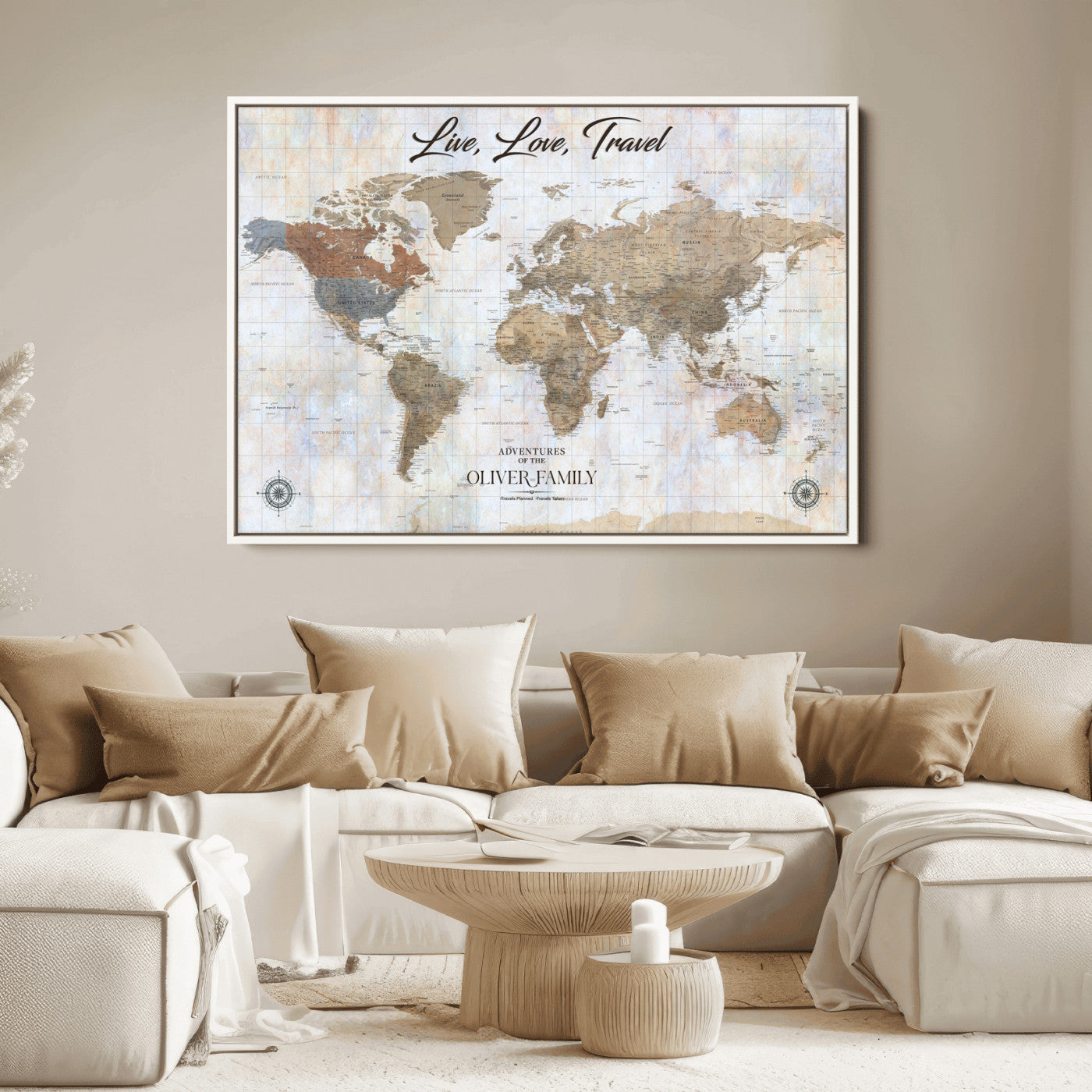 76256172-MGV-CV-36X24-Custom Push Pin World Map Wall Canvas Print – Personalized Travel Tracker with Pins – Framed Large Multi-Size Canvas for Home Office Decor