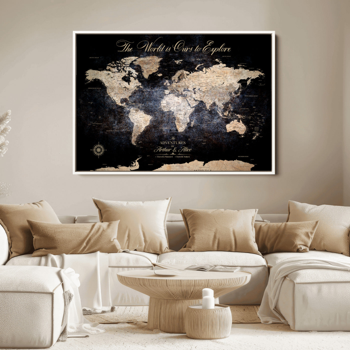 21010471-MGV-CV-36X24-Customize Push Pin World Map Wall Canvas Print, Personalized Travel Tracker with Pins, Framed Large Canvas for Home Office Decor - H37