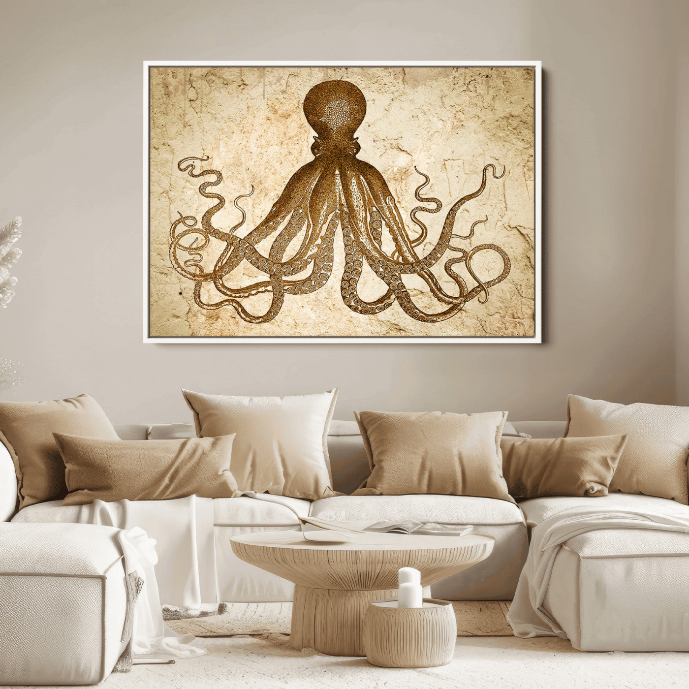 96154-MGV-FC-36X24_White-Sepia Octopus Wall Art Abstract Animal Canvas Print