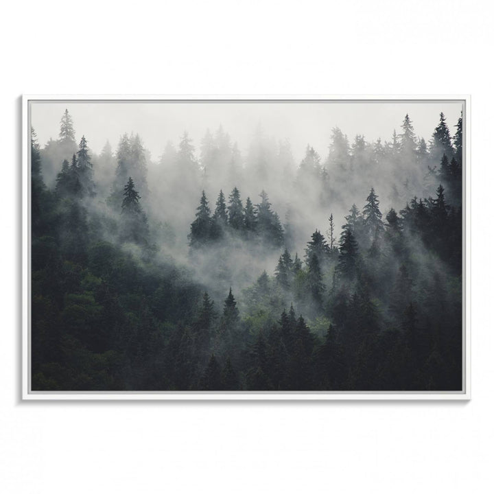 The Serene Triptych Print features tall evergreens, creating a mysterious and calming atmosphere.