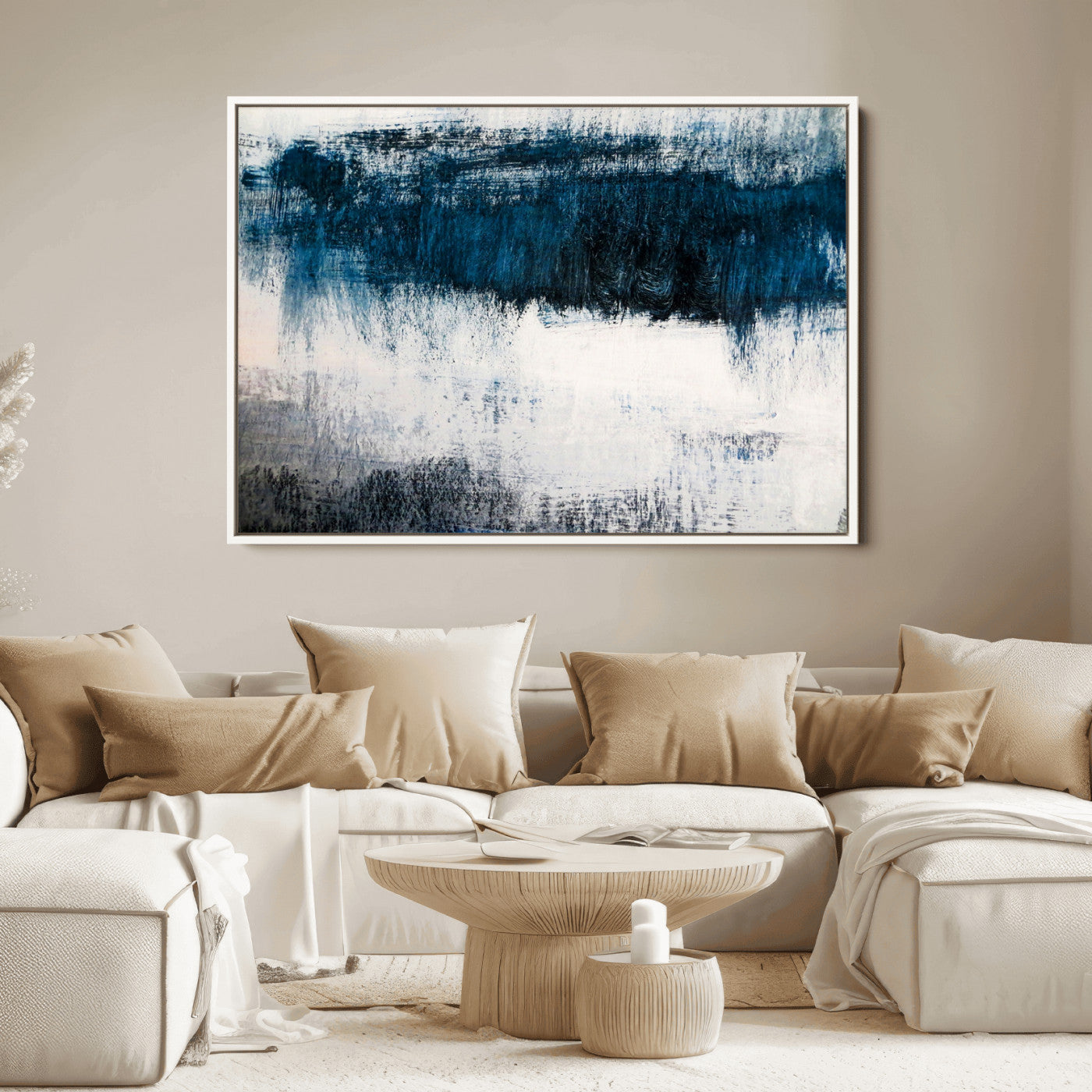 38954-MGV-CV-36X24-Abstract Blue and White Canvas Art | Large Wall Art for Modern Living Room Decor | Minimalist Brushstroke Painting on Canvas