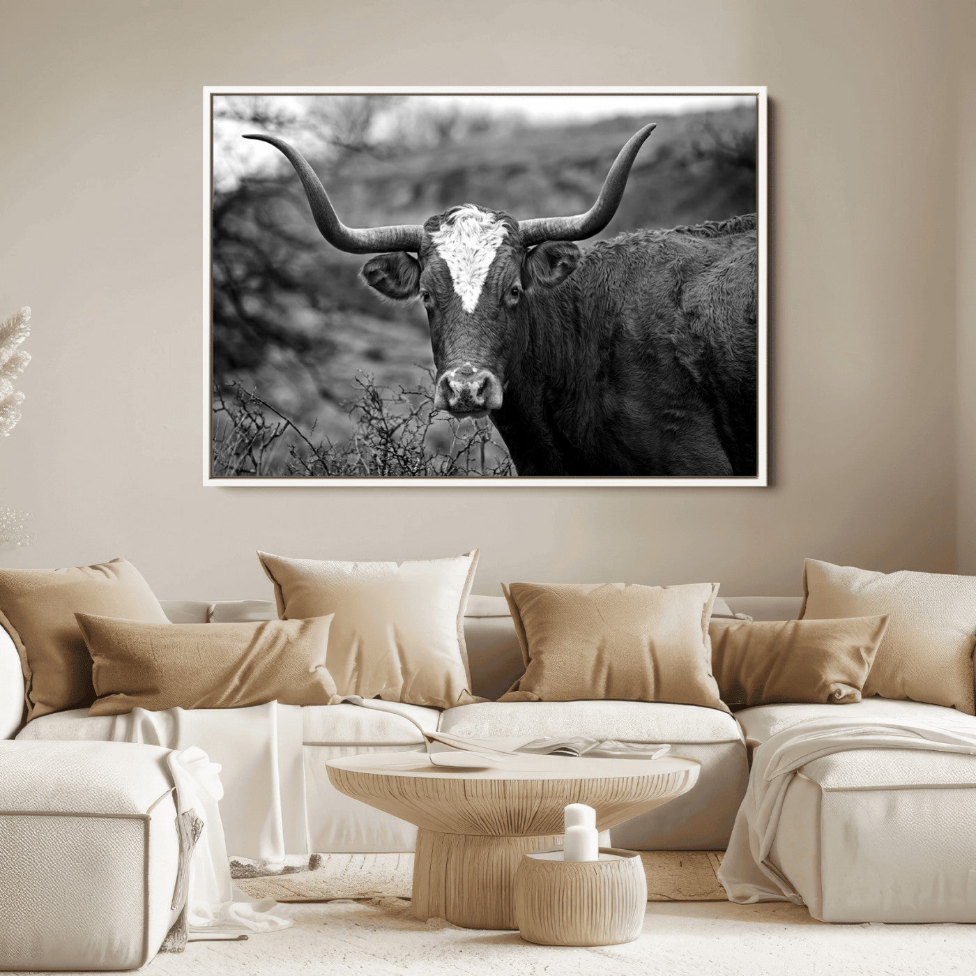 76200-MGV-FC-36X24_White-Western Home Wall Art Canvas Print, Framed Texas Longhorn Art Picture Print, Rustic Cow Perfect Rustic Farmhouse Decor Artwork