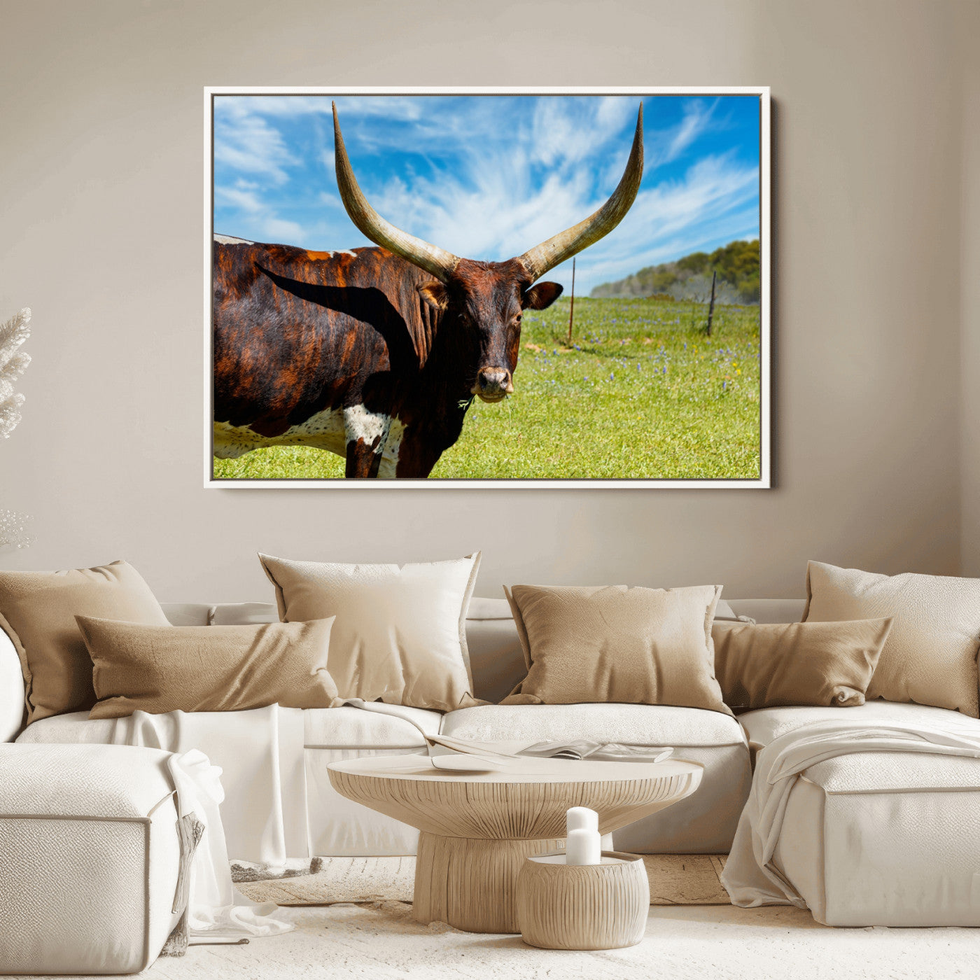 47037-MGV-FC-36X24_White-Longhorn and Cow Wall Art, Country Cow Wall Decor Canvas Print