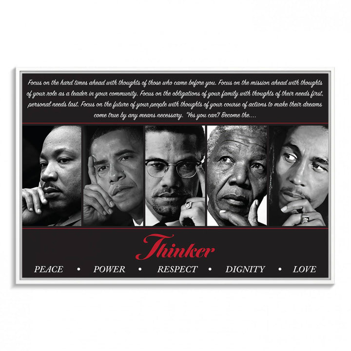 The Thinker Quintet Canvas Wall Art features portraits of Martin, Obama, Malcolm X, Mandela, and Marley, each representing virtues such as Peace and Power.