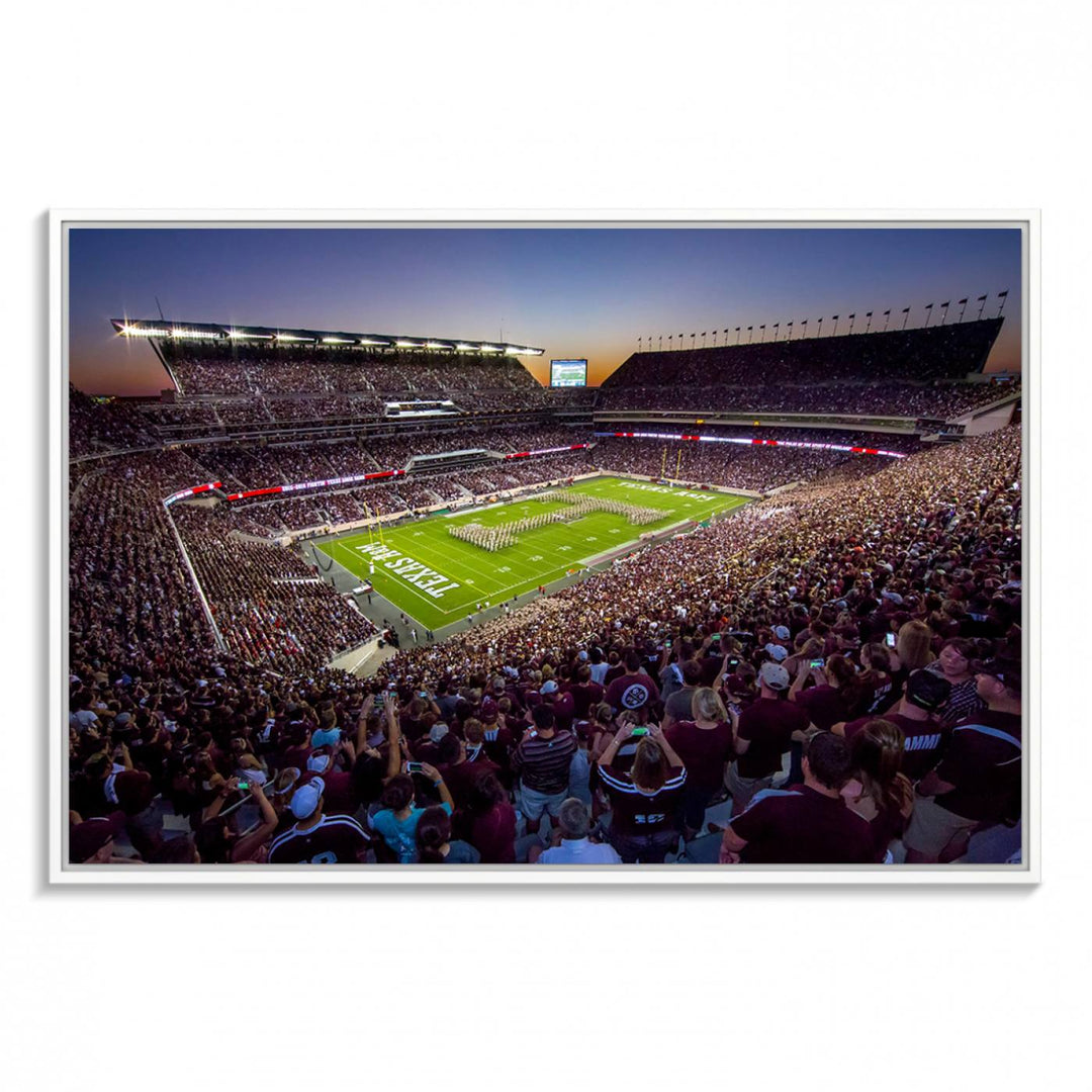 A vibrant canvas print of Texas A&M Aggies at College Stations Kyle Field Stadium captures the energy of fans cheering as the band marches at sunset.