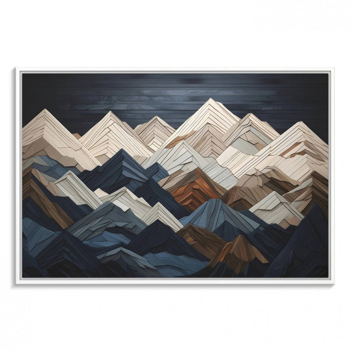 A geometric mountain range wood style wall art in shades of blue, gray, and brown; a 3-piece abstract set perfect for modern rustic decor.