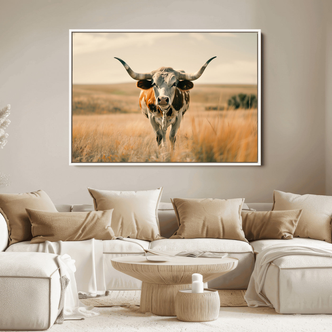 16580-MGV-FC-36X24_White-Texas Cow Longhorn Wall Art Canvas Print for Farm House Wall Decor, Farmhouse Cow Print Canvas Wall Art Print
