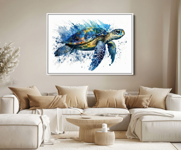 The Turtle Wall Art Print, featuring blue splashes, beautifully showcases Ocean Life.