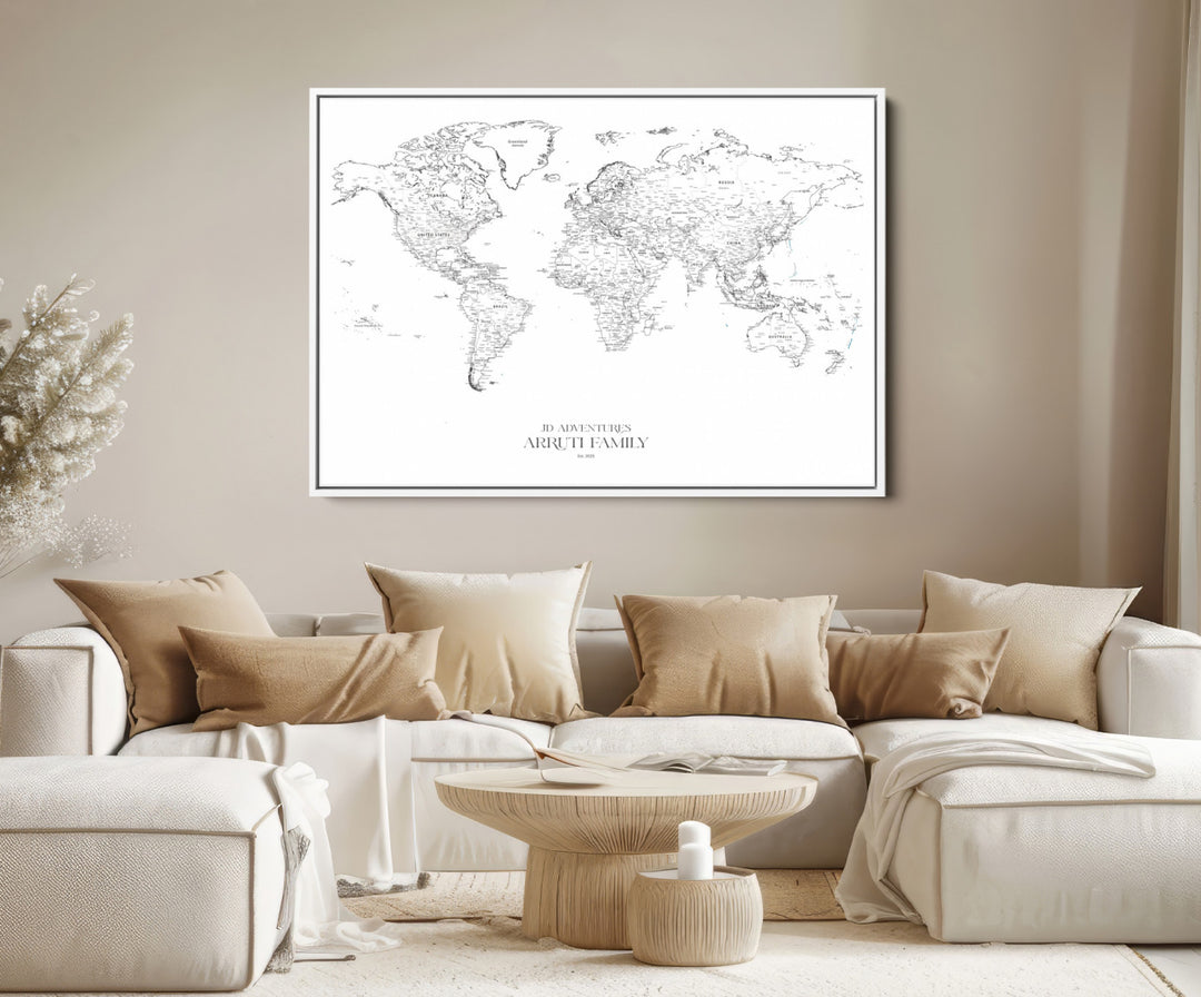 Personalized World Map Wall Art Canvas Print - Custom Push Pin Travel Map Canvas - Framed Map Print for Travel Lover Gift