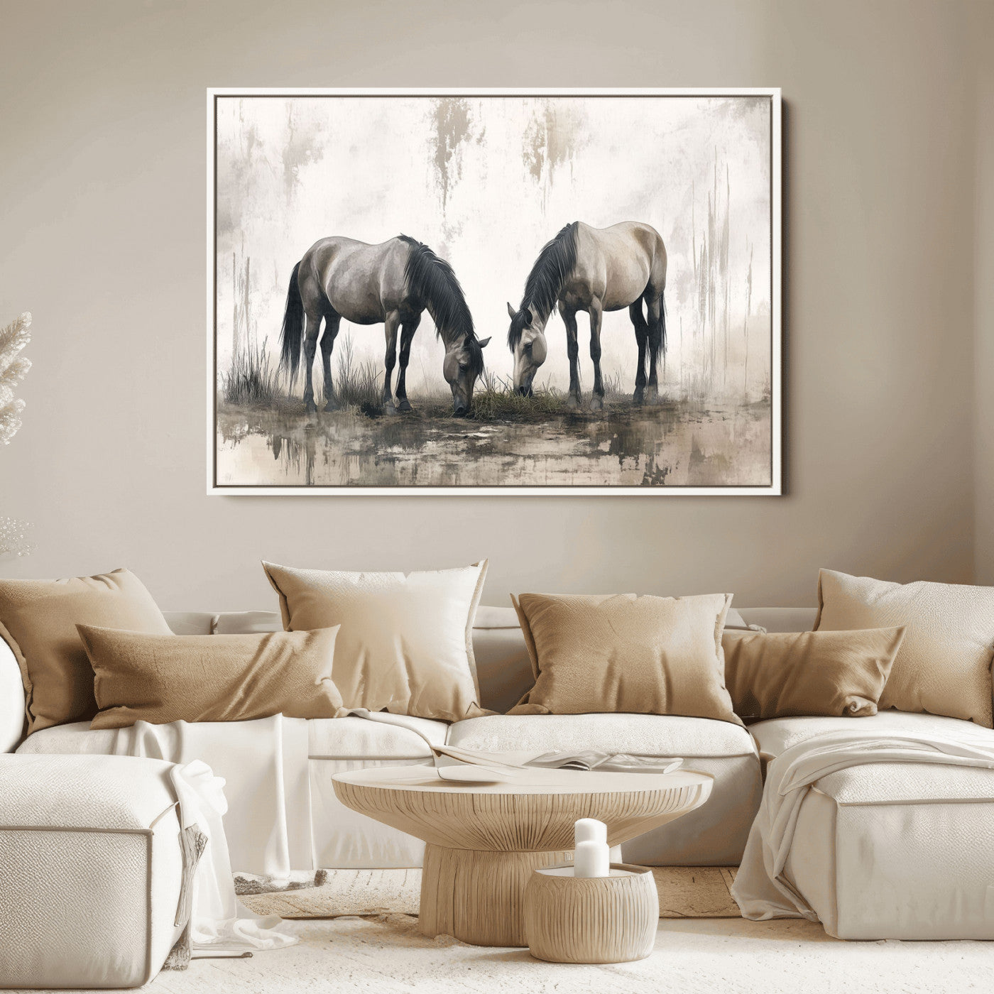 35494-MGV-FC-36X24_White-Chines Ink Style Vintage Horses Wall Art Canvas Print for Farmhouse Wall Decor