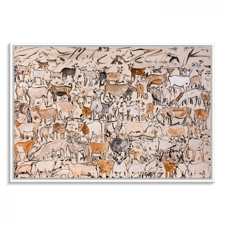 Framed Goat Herd Wall Art in minimal brush strokes on a beige backdrop, ideal for farmhouse or cabin decor.