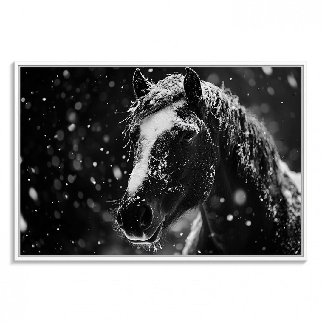 The Winter Horse Wall Art showcases a gentle horse print with snowflakes, ideal for rustic farmhouse or cabin decor.