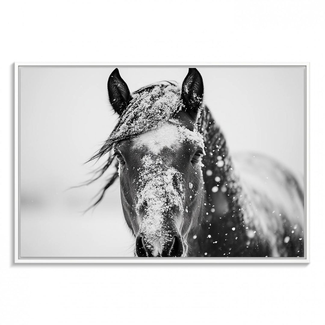 This black and white winter horse wall art enhances any decor; it is ready to hang and framed for a farmhouse or Western style.