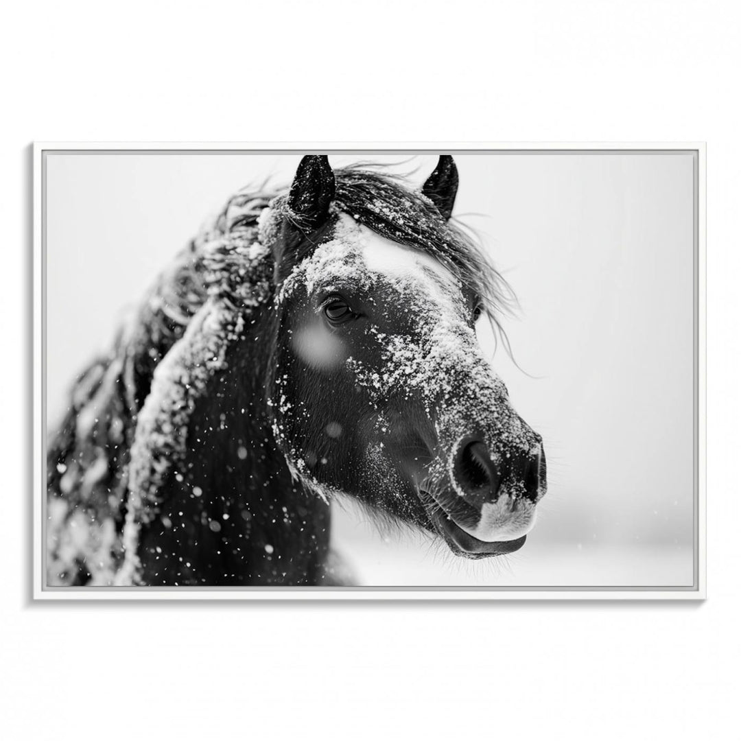 A large 3-panel rustic farmhouse wall art showcases a black and white winter horse canvas print against a snowy backdrop.