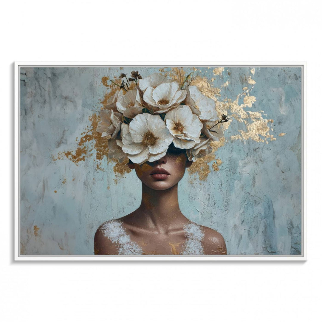 Golden Petal Wall Art: A womans face adorned with a gold floral design on a teal background, presented in a 3-panel modern glam canvas.