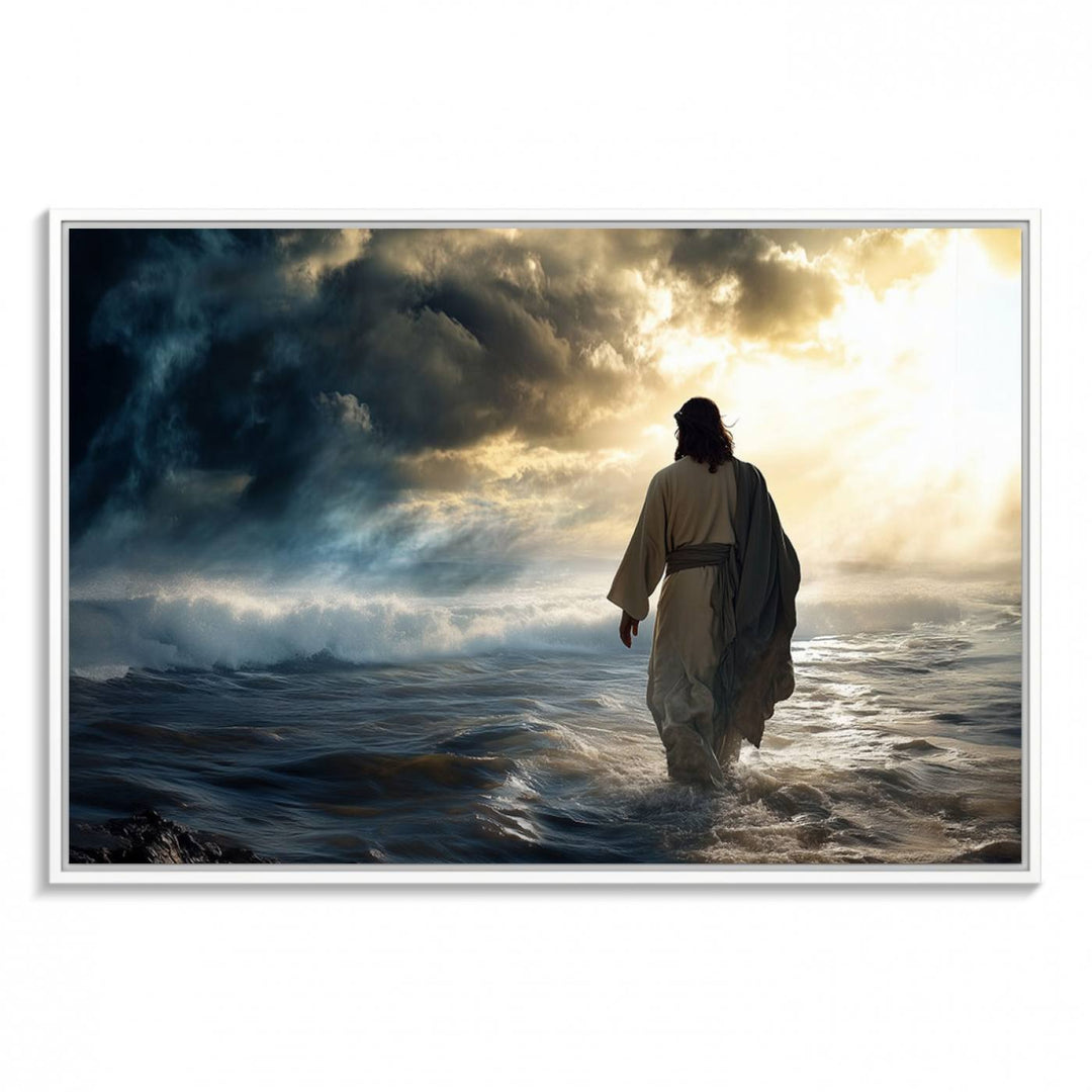 A dramatic sky serves as the backdrop for the Jesus Walking on Water wall art, a perfect piece for Christian home decor.