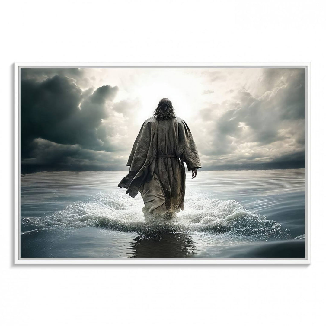 A canvas wall art depicting a figure walking on water beneath dramatic clouds, designed as inspirational religious imagery and ready to hang.