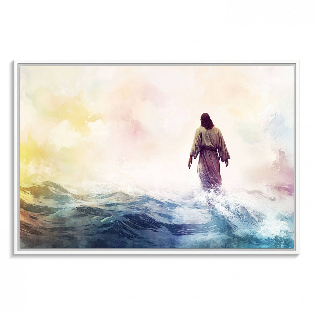 A robed figure strides on water in gentle waves, evoking the Watercolor Jesus Walking on Water canvas art.