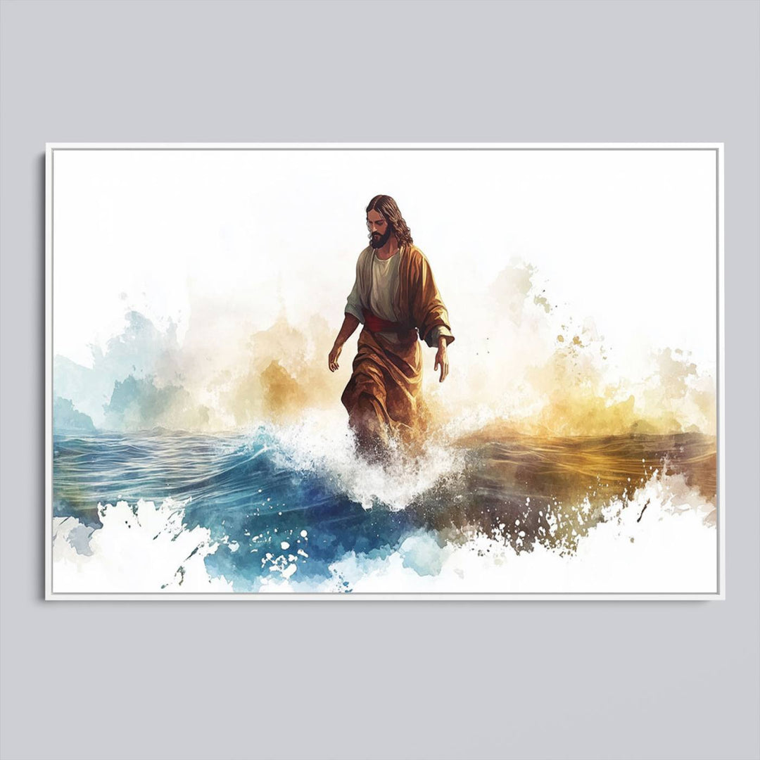 This watercolor canvas print depicts Jesus walking, characterized by abstract splashes against a serene background. It serves as a beautiful piece of Christian wall art.