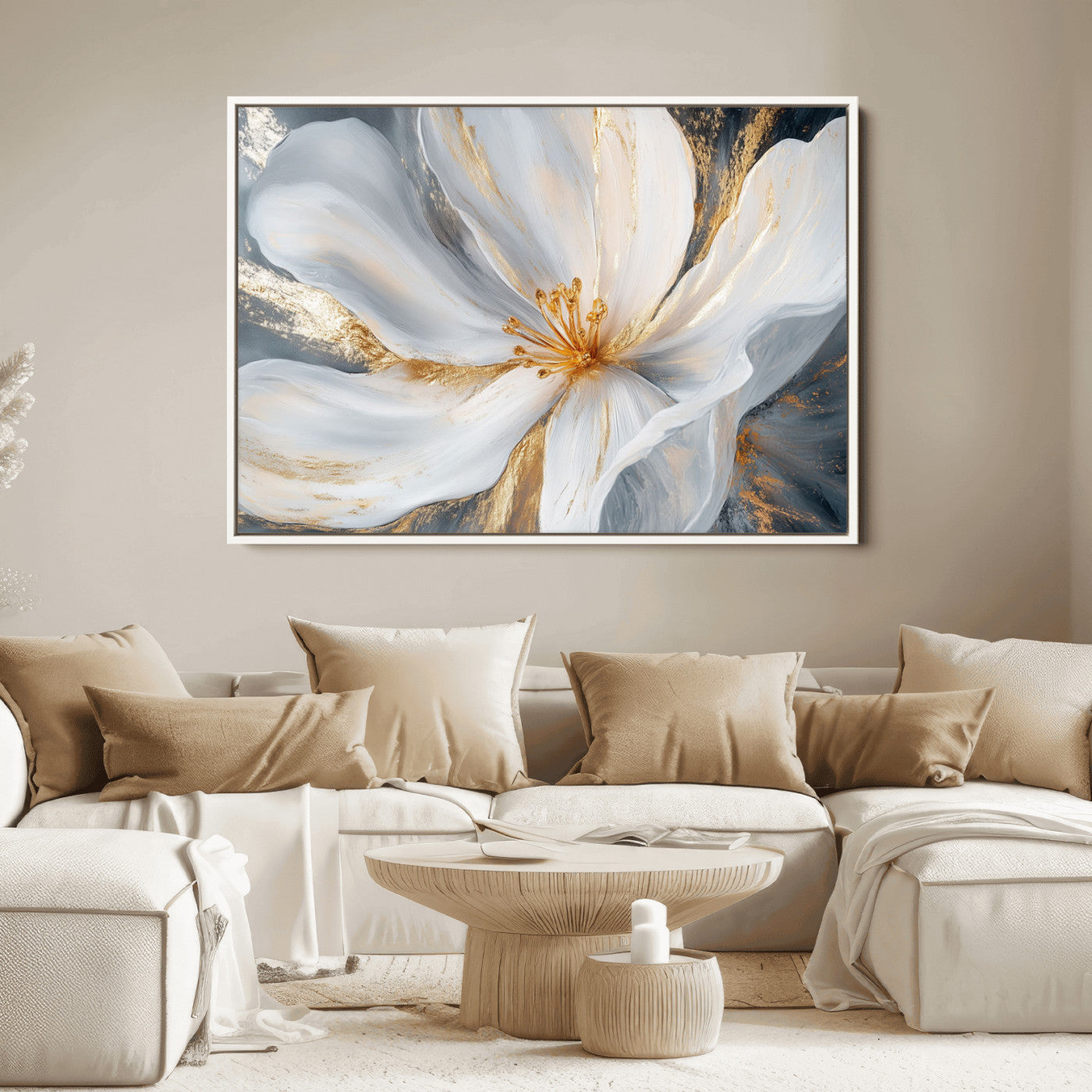 83149-MGV-FC-36X24_White-White and Gold Floral Canvas Wall Art - Framed and Ready to Hang - Perfect for Modern Living Rooms