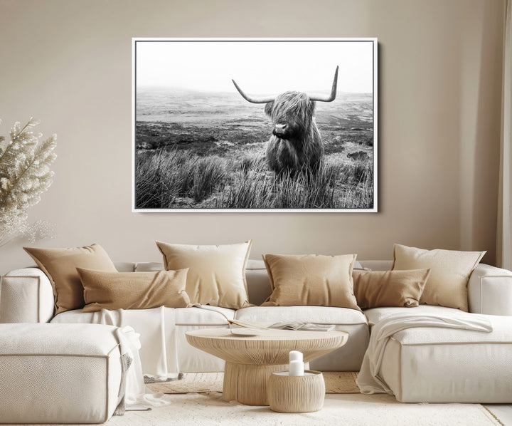 Scottish Highland Cow Wall Art | Black and White Canvas Print | Ready to Hang and Framed | Rustic Farmhouse Wall Decor for Living Room or