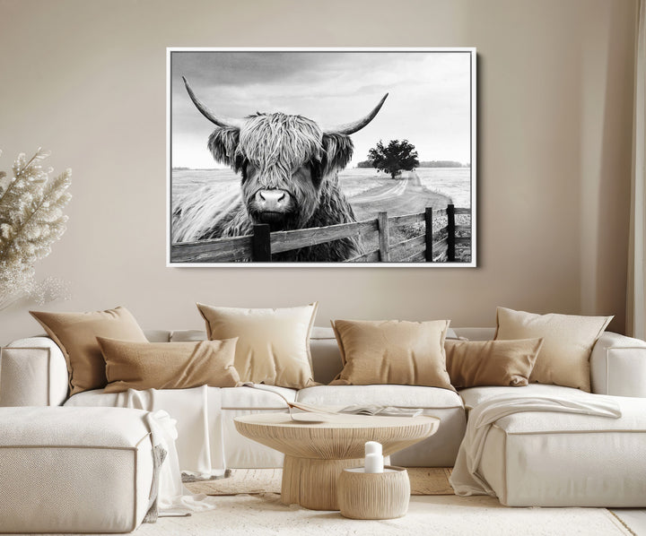 Scottish Highland Cow Wall Art | Rustic Farmhouse Décor | Black and White Ready to Hang Canvas Print