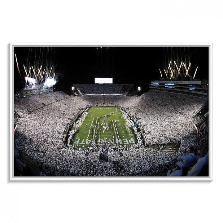 Wide-angle print of a packed stadium with fireworks, ideal gallery-quality wall art - Penn State Nittany Lions Canvas.