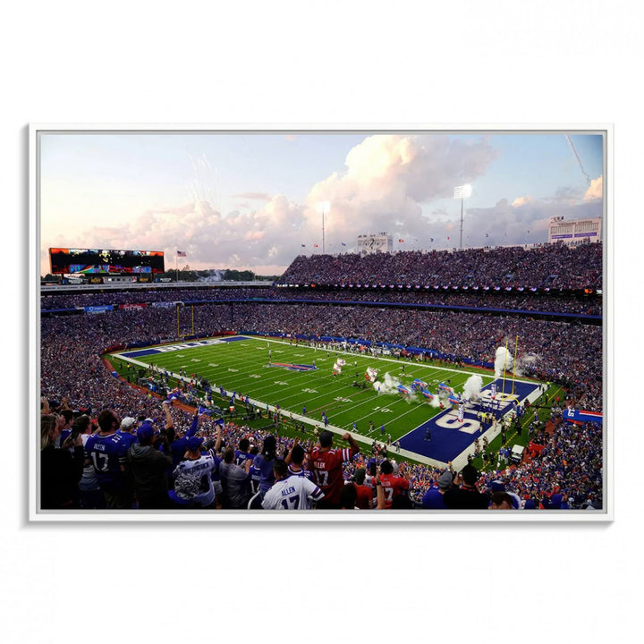 A mural of the Buffalo Bills energizes the atmosphere, capturing the excitement of a game day at Highmark Stadium, even under a cloudy sky.