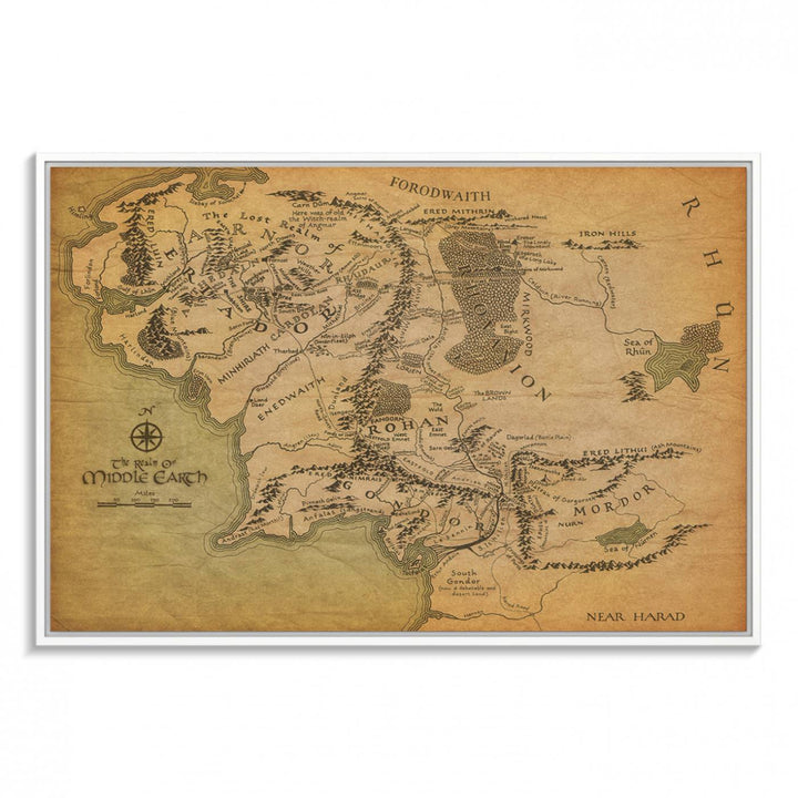 J.R.R. Tolkien's Middle-Earth World Map 3 Panel Wall Art Canvas Print | Vintage Map Wall Art for Living Room or Office | Large Framed Gallery Wrap