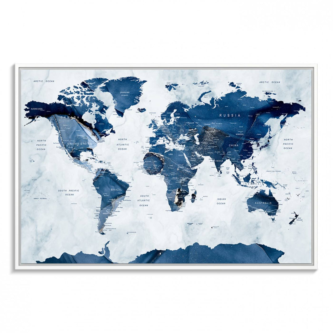 Navy Blue World Map with Antarctica Canvas: A perfect abstract home decor piece featuring a grunge-stained background.