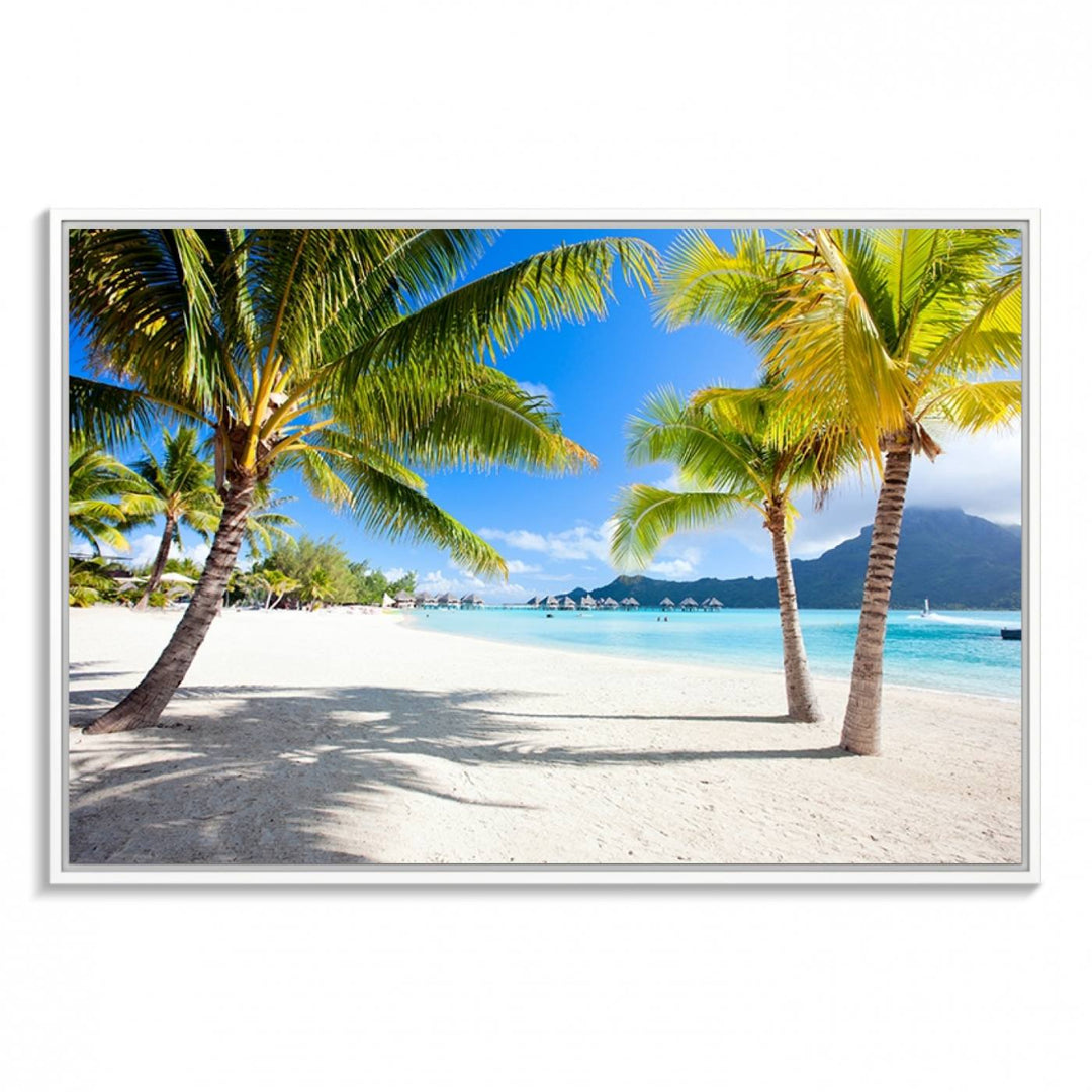 Blue Beach and Sea Wall Art Canvas Print: showcases a tropical scene with palm trees, white sand, and turquoise water.