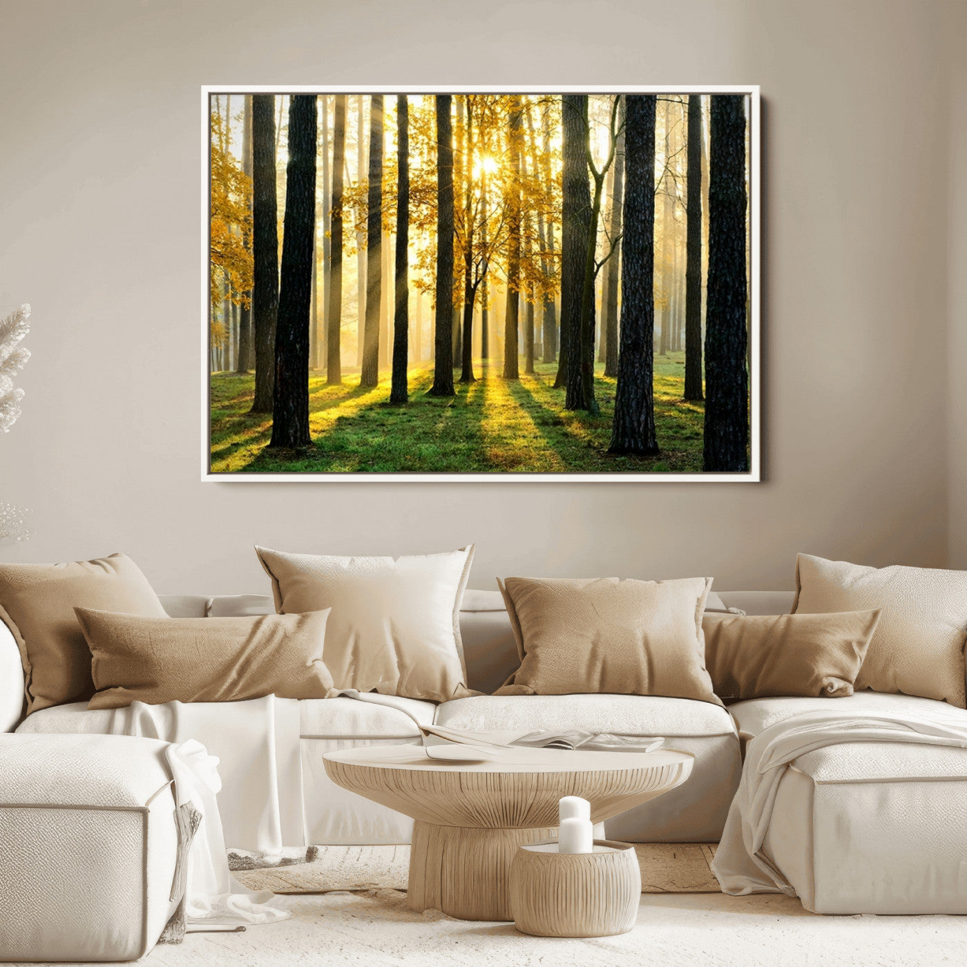 60024-MGV-FC-36X24_White-Sunlit Forest Wall Art Canvas Print - Large Framed Woodland Wall Art for Home or Office Decor, Rustic Nature Scene with Golden Light