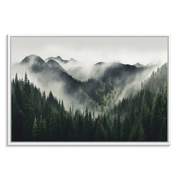 Serene and mystical landscape of misty mountains and dense evergreens, ideal for a Misty Mountain Forest Canvas Wall Art Print.