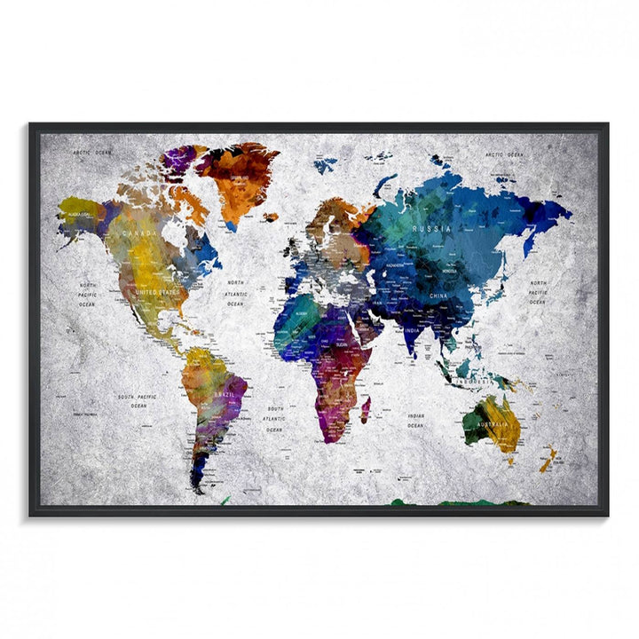 The World Map Art Canvas Print, featuring country names on a grunge-stained gray background, is perfect for stylish home decor.