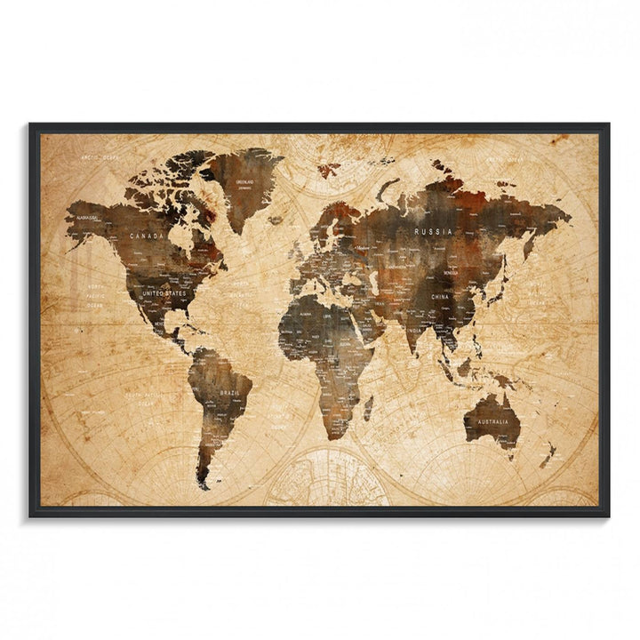 Vintage World Map Wall Art | 3 Panel Large Canvas Art | Antique World Map Canvas Print | Rustic Map Wall Art, Framed Gallery Wrapped