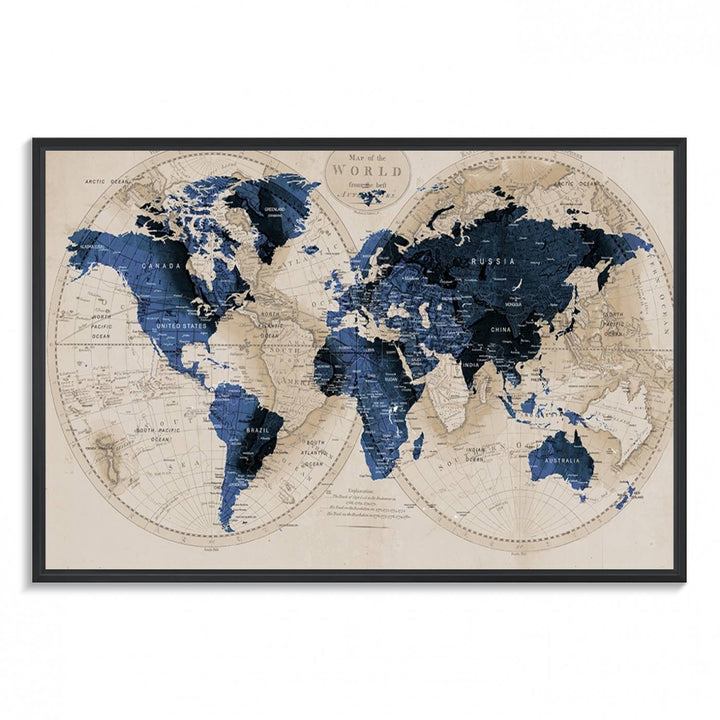 Vintage Triptych Map Print - Antique World Map Canvas Wall Art – Vintage Triptych Blue and Beige Map Print