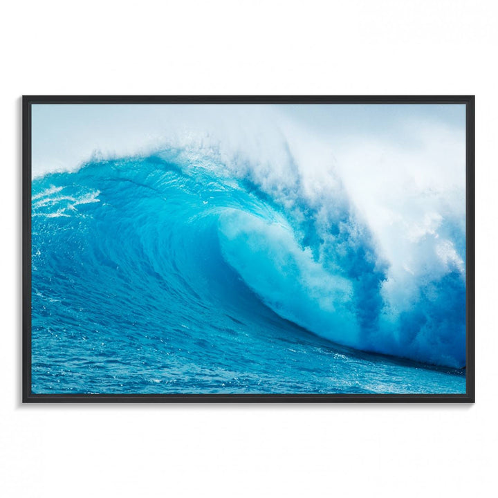 A museum-quality canvas depicting a vibrant blue ocean wave with white foam under a clear sky.