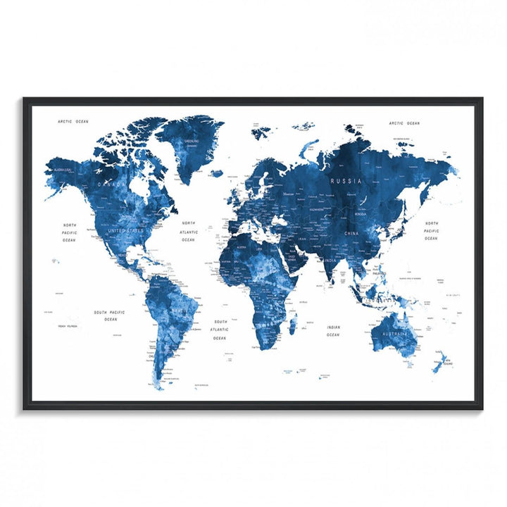 Navy Blue Wall Art World Map Canvas Print, an ideal piece for anyone seeking unique home or office decor.