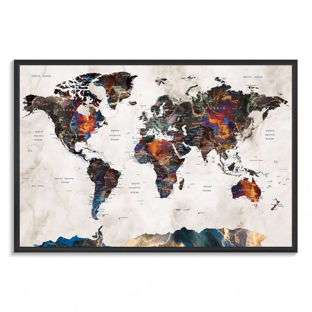 Watercolor World Map Canvas Print in earthy hues with a grunge background, ideal for wall decor.