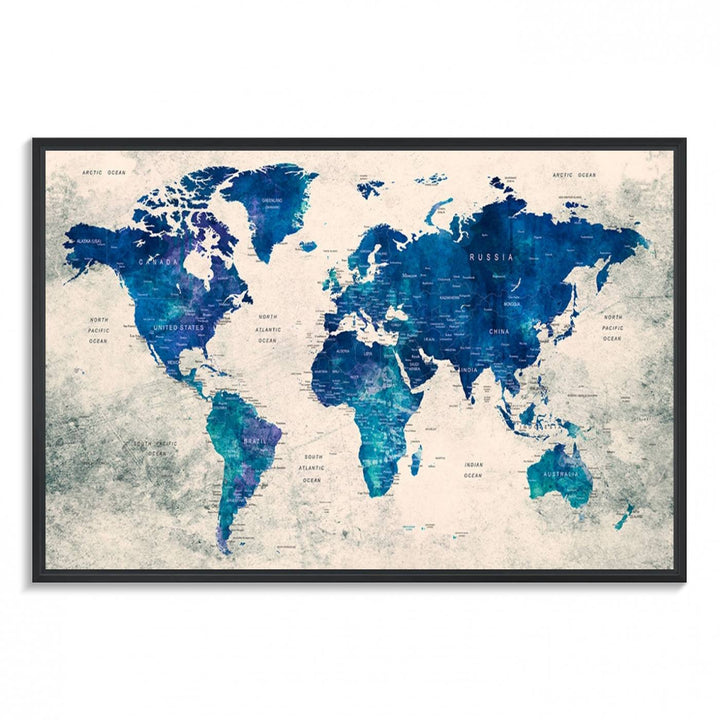 Navy Blue Push Pin World Map Canvas Print featuring a grunge-stained background, with labeled countries and oceans.