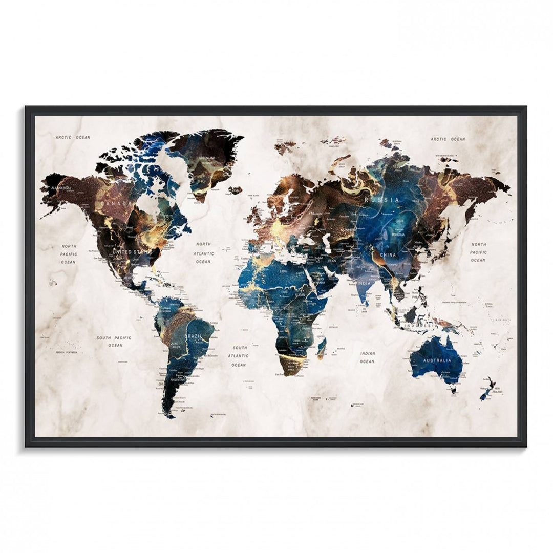 Abstract earth-toned 3-panel world map wall art featuring blues and browns, ready to hang; it showcases continents on modern canvas.