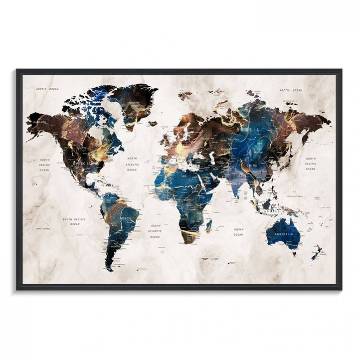 Abstract earth-toned 3-panel world map wall art featuring blues and browns, ready to hang; it showcases continents on modern canvas.