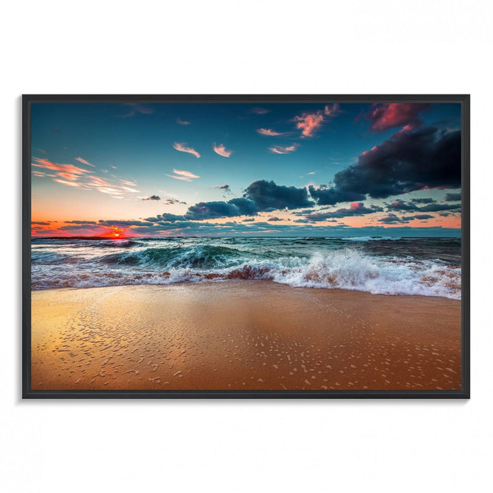 Sunset on Beach Wall Art: Waves under a vibrant sky. Crafted on museum-quality canvas, ready to hang and admire.