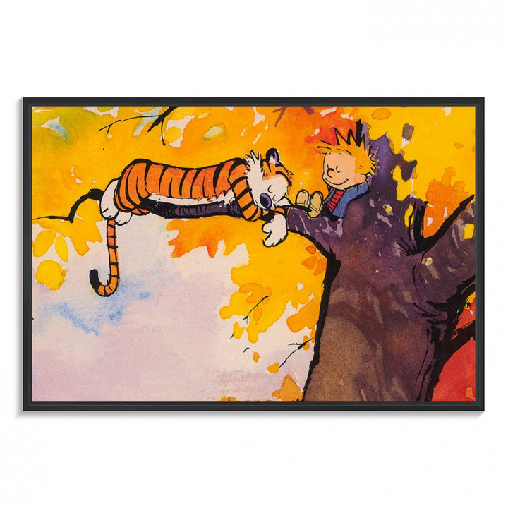 A wall art featuring a boy and a tiger amidst autumn leaves, reminiscent of the Calvin and Hobbes Tree Scene Canvas Print, ideal for creating a playful atmosphere.