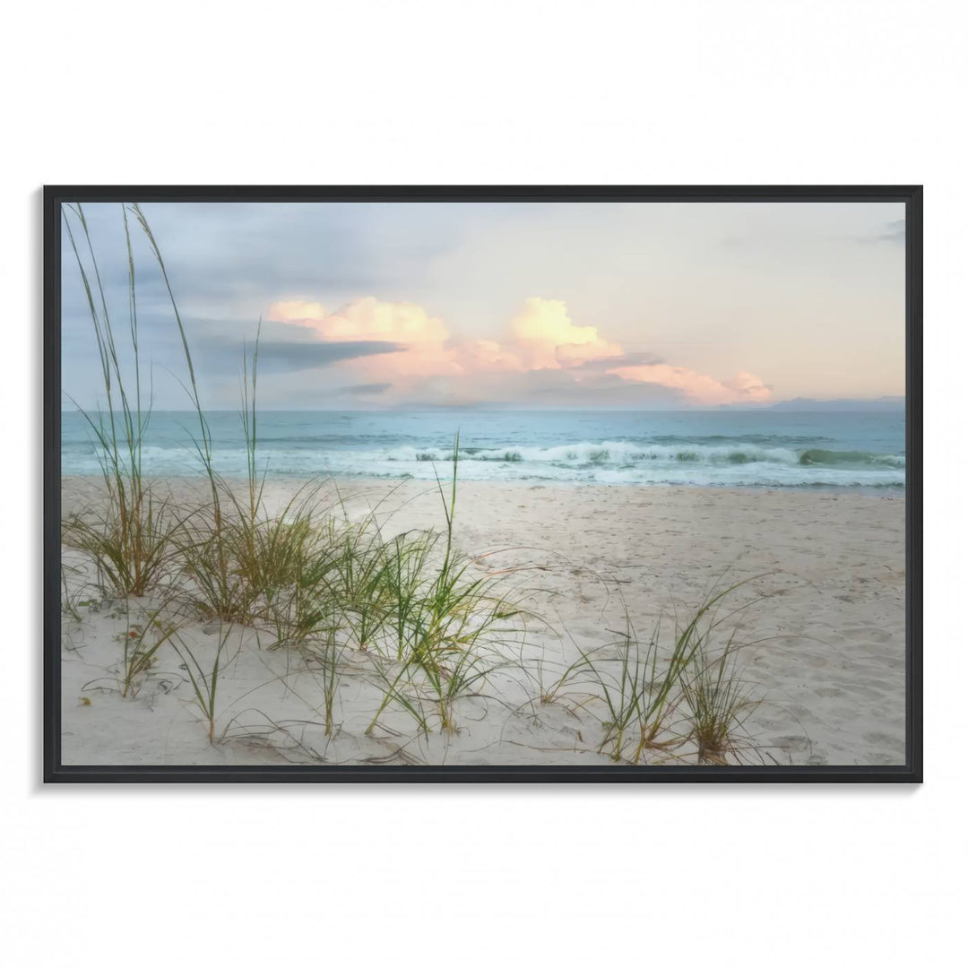 Flight Over Coastal Beach print on UV canvas displayed against white walls.