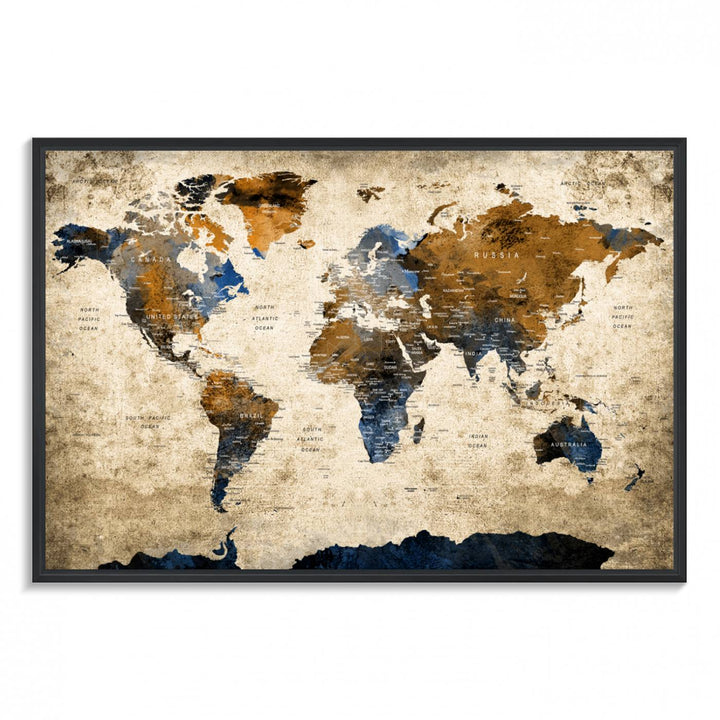 Vintage World Map Canvas Wall Art – Textured Triptych Map Print – Global Decor for Living Room or Office – Ready to Hang