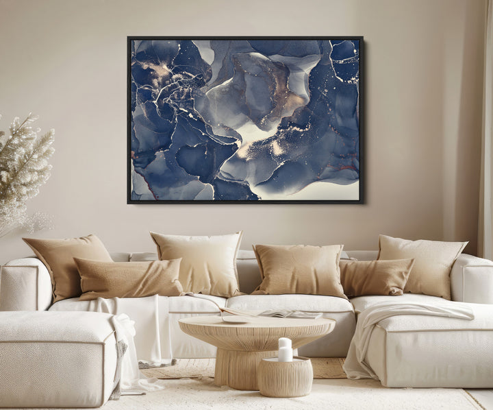 Large Abstract Blue and Gold Canvas Wall Art | Fluid Ink Artwork Print | Luxury Wall Decor for Contemporary Interiors | Framed Ready to Hang