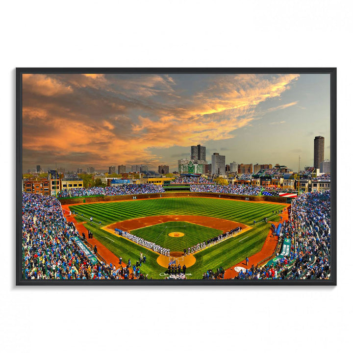 Aerial view of Wrigley Field at sunset against a vibrant sky, creating the perfect Chicago Wrigley Field Canvas Wall Art.